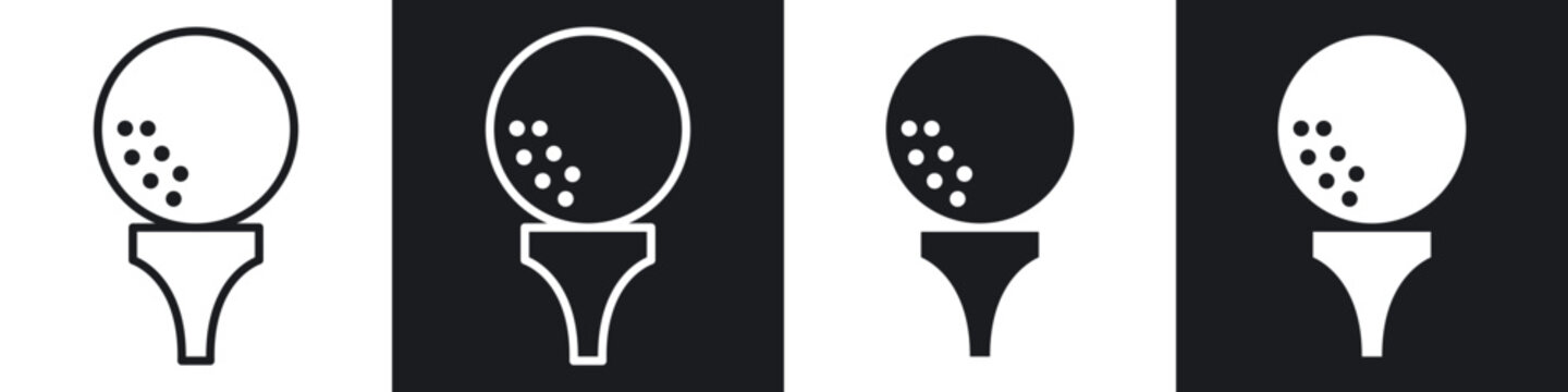 golf ball on tee icons in flat and outlined black and white colors collection