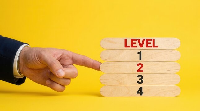 A businessman's hand pointing to the level 2 wooden stick on a yellow background.