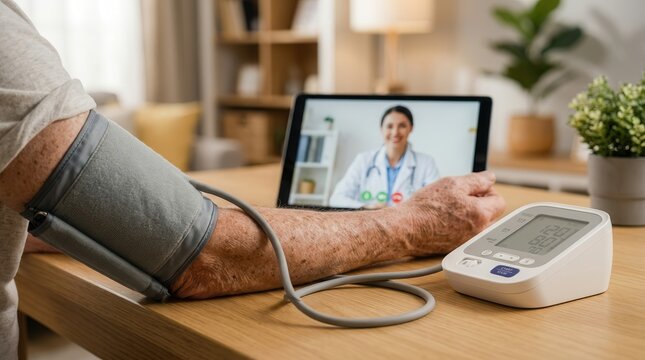 Senior patient using a blood pressure cuff during a telemedicine consultation on a digital tablet at home.