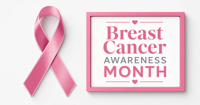 A pink ribbon symbol for breast cancer awareness month placed next to a matching pink framed sign with elegant lettering isolated on white