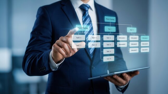 Businessman holding a virtual WBS tree diagram for project management analysis.