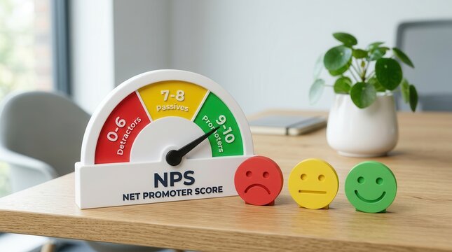 NPS Net Promoter Score indicator with customer satisfaction faces for loyalty and feedback.