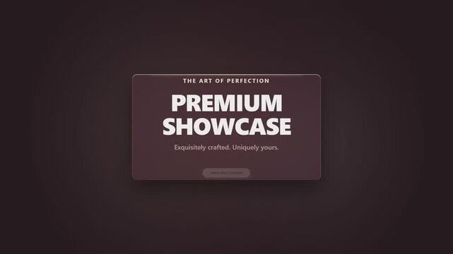 Elegant premium showcase promotional animation with dark burgundy background glowing circular accent centered glass card bold headline supporting text and bright view collection button