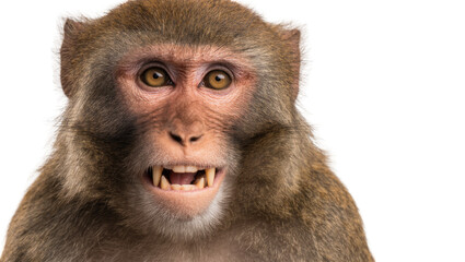 Close-up portrait of a rhesus macaque monkey showing teeth, isolated on transparent background © PICSPRO