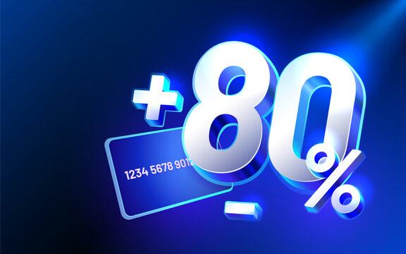Shimmering 3D 80 discount sign with a credit card on a vibrant blue background.