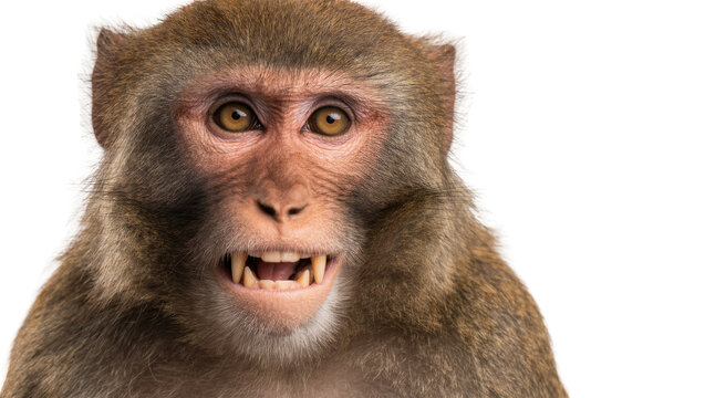 Close-up portrait of a rhesus macaque monkey showing teeth, isolated on transparent background