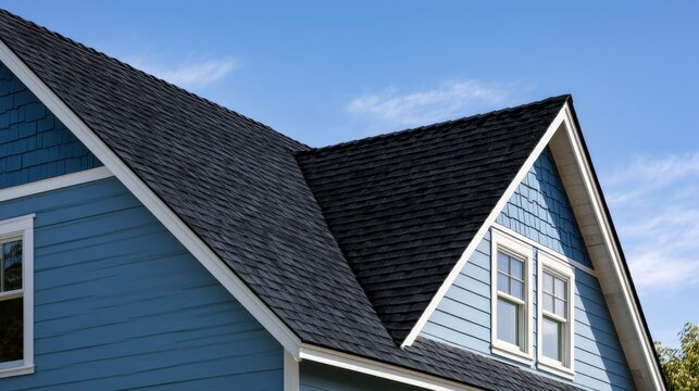 Roof of a blue house showing shingles and windows under a clear sky