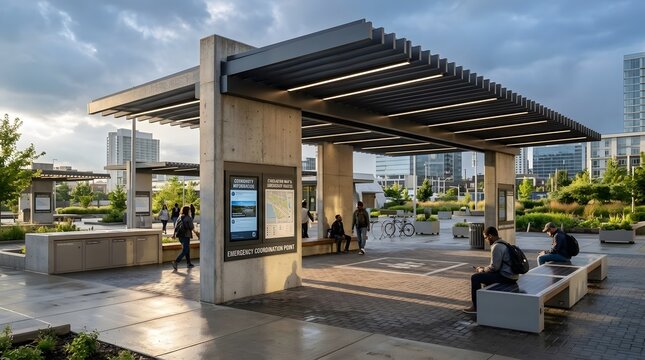 A robust pergola with recessed LED slat lighting serving as an everyday public pavilion and emergency coordination point within a resilient city square, surrounded by concealed supply stations, modula