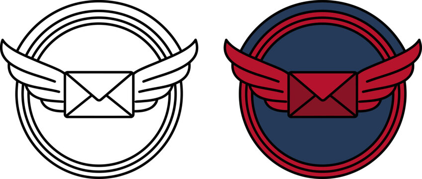 Minimalist vintage winged postal mail symbol in round emblem vector icon design for communication or delivery
