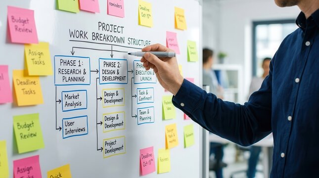 A person drawing a Project Work Breakdown Structure (WBS) on a whiteboard for project management planning.
