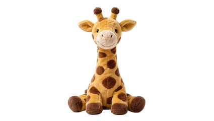 Cute plush giraffe toy with brown spots, isolated on transparent background © PICSPRO