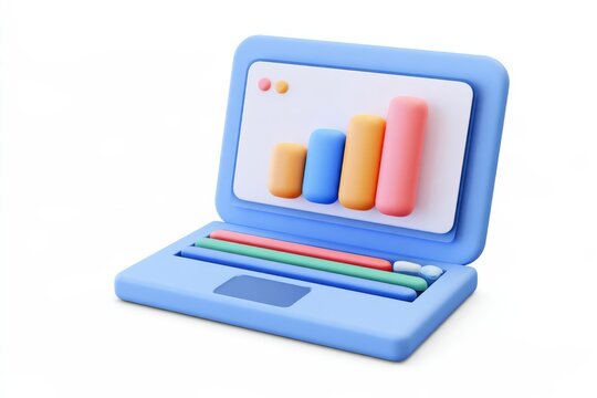 3D laptop icon displaying a colorful bar chart diagram isolated on white background. Matte claymorphism style business analytics concept.