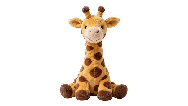 Cute plush giraffe toy with brown spots, isolated on transparent background
