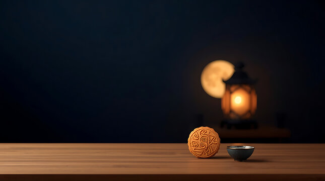 Single mooncake on wooden table with warm lantern and full moon background
