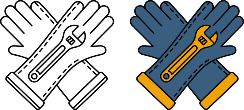 Set of crossed protective work gloves and adjustable spanner icons in outline and filled color vector illustration styles for technical jobs