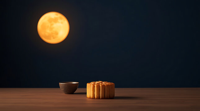Single mooncake and tea cup on wooden surface under bright glowing full moon