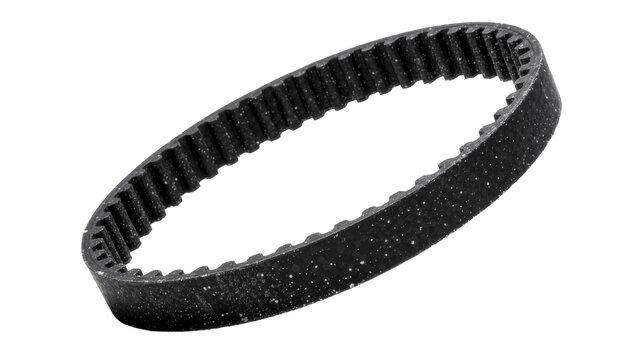 Black toothed rubber timing belt, isolated on transparent background