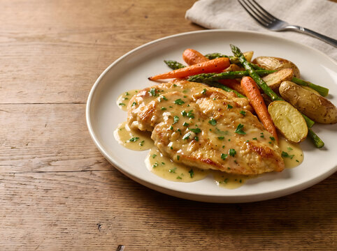 A plate of delicious chicken francaise served with roasted potatoes, asparagus, and carrots on wooden table
