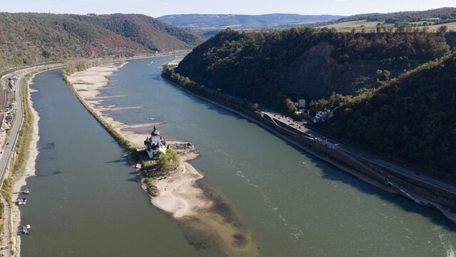 Aerial view of Rhine Low Water Bottleneck at Kaub with Burg Pfalzgrafenstein