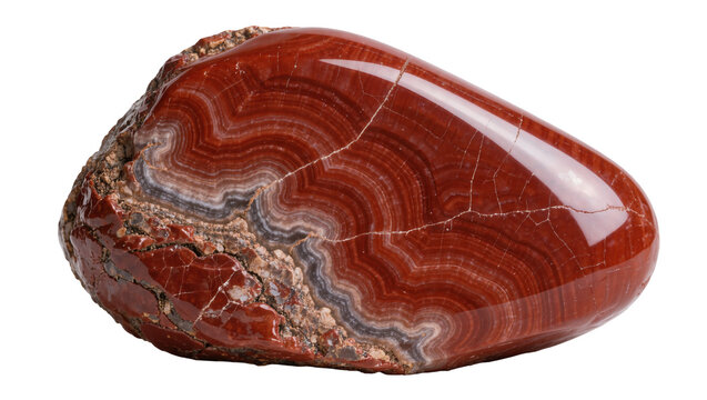 Polished red banded agate stone with rough texture, isolated on transparent background