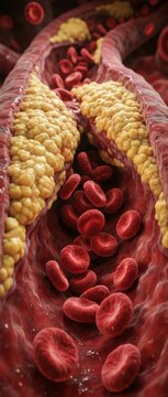 3D Medical Illustration of Atherosclerosis in an Artery Showing Cholesterol Plaque Buildup and Red Blood Cell Flow