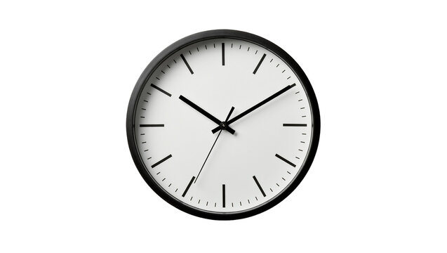 Minimalist black framed analog clock face with thin hands, isolated on transparent background
