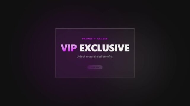 VIP exclusive promotional animation with glowing purple glass card on dark background, premium access headline, supporting benefit text and bright sign up button for elegant membership promotion