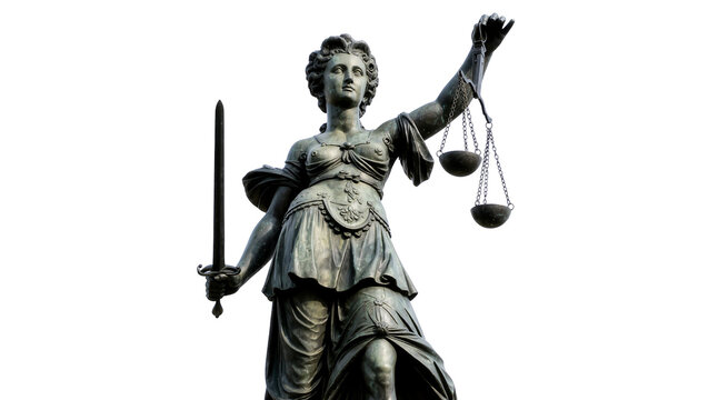 Bronze statue of Lady Justice holding sword and scales, isolated on transparent background