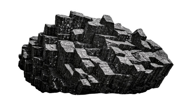 Dark basalt rock formation with hexagonal columns, isolated on transparent background