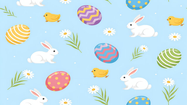 Seamless Easter Pattern with White Bunnies, Yellow Chicks, Decorative Eggs, and Daisies on Blue Background