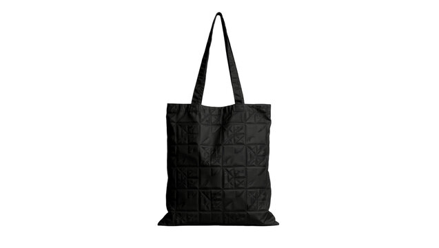 Quilted black fabric tote bag with geometric pattern, isolated on transparent background
