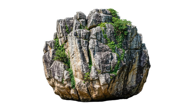 Jagged grey rock formation with green ivy, isolated on transparent background