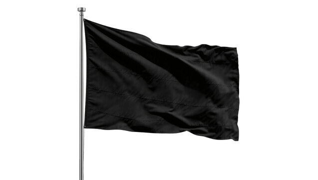 Black fabric flag waving on metal pole, isolated on transparent background