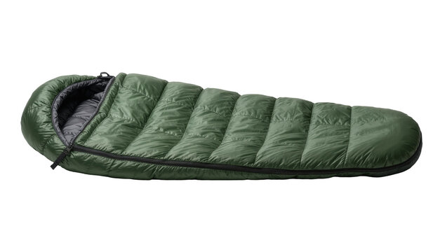 Green quilted sleeping bag with zipper, isolated on transparent background