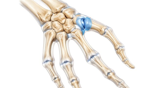 Human hand and wrist skeleton showing carpal bones, metacarpals, phalanges and highlighted wrist joint anatomy isolated on white background