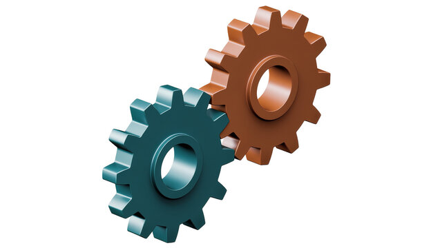 Two interlocking gears one teal and one bronze, isolated on transparent background