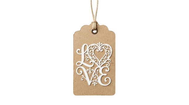 Brown paper gift tag with white love text and heart design isolated on transparent background