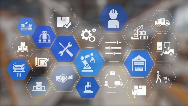Mechanized industry automation and modern production system with robotic arms, gears, tools and logistics for efficient mechanized industry process. Gist