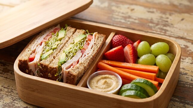 Healthy school bento lunch box with turkey sandwich whole grain bread fresh fruit and vegetables