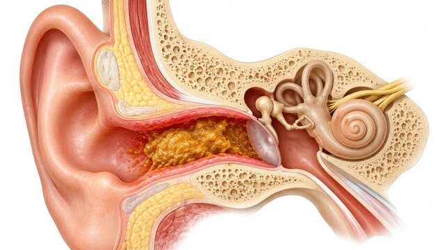 Human ear cross section showing ear canal, impacted earwax, eardrum, cochlea and inner ear anatomy isolated on white background