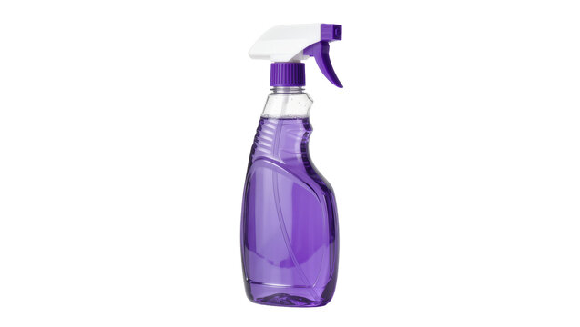 Purple liquid cleaning spray bottle with white trigger nozzle, isolated on transparent background