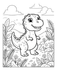 Cute cartoon dinosaur in prehistoric landscape coloring page © Rabiul