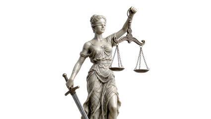 Stone Lady Justice statue holding scales and sword, isolated on transparent background © PICSPRO