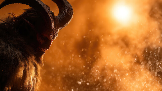Krampus figure with a prominent horn and aged profile stands darkly illuminated against a vibrant, sparkling background of warm orange bokeh lights, evoking a mysterious and foreboding atmosphere