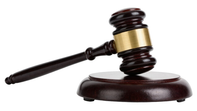 Dark polished wood gavel with brass band resting on matching sound block, isolated on transparent background