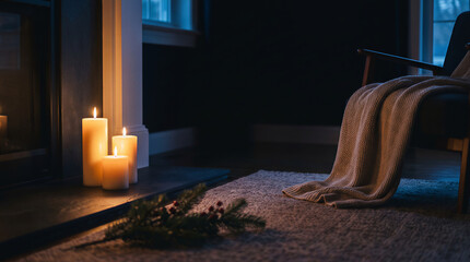 Obraz premium Cozy interior scene with lit candles on a fireplace hearth, a warm knit blanket on an armchair, and evergreen sprigs on a rug, creating a peaceful atmosphere with copy space