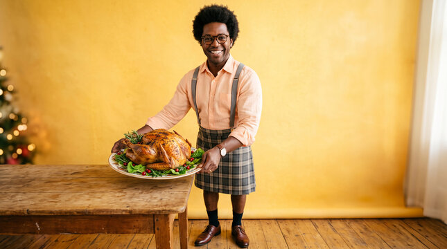 Man holding a roasted turkey presentation, festive, celebratory, showcasing food, Thanksgiving, holiday, event