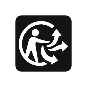 Black background Triman sign symbol png. Triman recycling logo icon. Waste sorting symbol with stick figure and branching recycling arrows. Symbol of recycling in France.