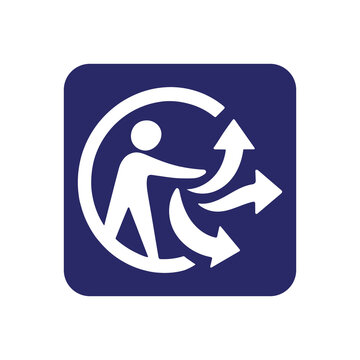 Blue background Triman sign symbol png. Triman recycling logo icon. Waste sorting symbol with stick figure and branching recycling arrows. Symbol of recycling in France.