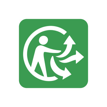 Green background Triman sign symbol png. Triman recycling logo icon. Waste sorting symbol with stick figure and branching recycling arrows. Symbol of recycling in France.